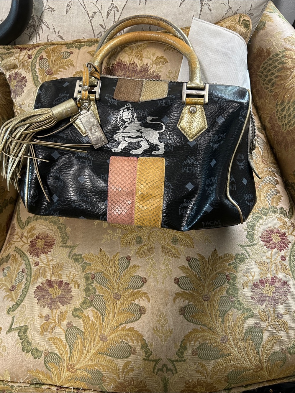 MCM vintage Black Leather Satchel with Pink and Yellow Stripe and Gold Trim